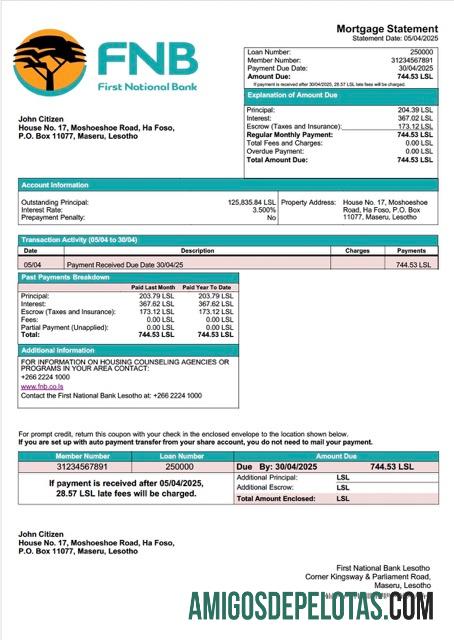 em branco Lesotho First National Bank Lesoto Declaração de hipoteca Word e modelo PDF